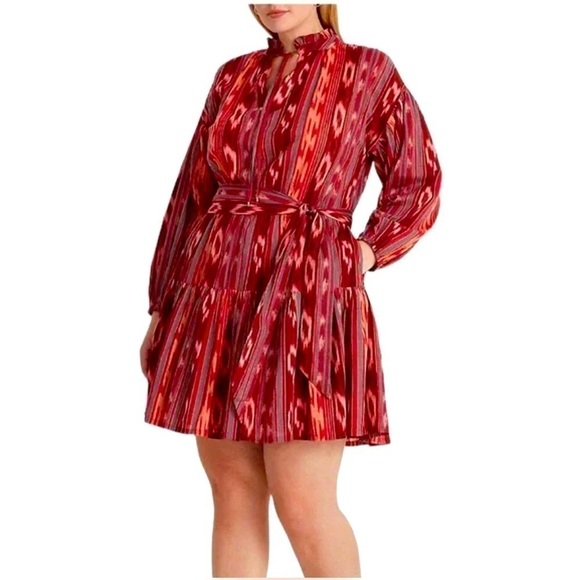 Lauren Ralph Lauren Ikat Print Tiered Ruffle Dress Boho Maxi Mini Red LongSleeve - Picture 6 of 7